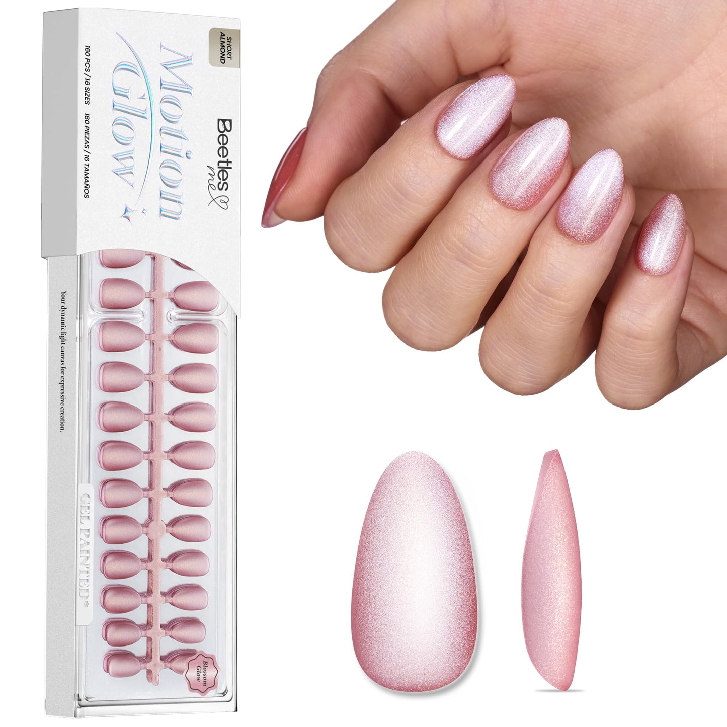 Beetles Motion Glow Nail Tips, 160PCS 16 Sizes Short Almond Cat Eye Magnet Soft Gel Blossom & UV LED Nail Lamp, Candy White 30/60/90s Timer Countdown Smart Sensor Dryer