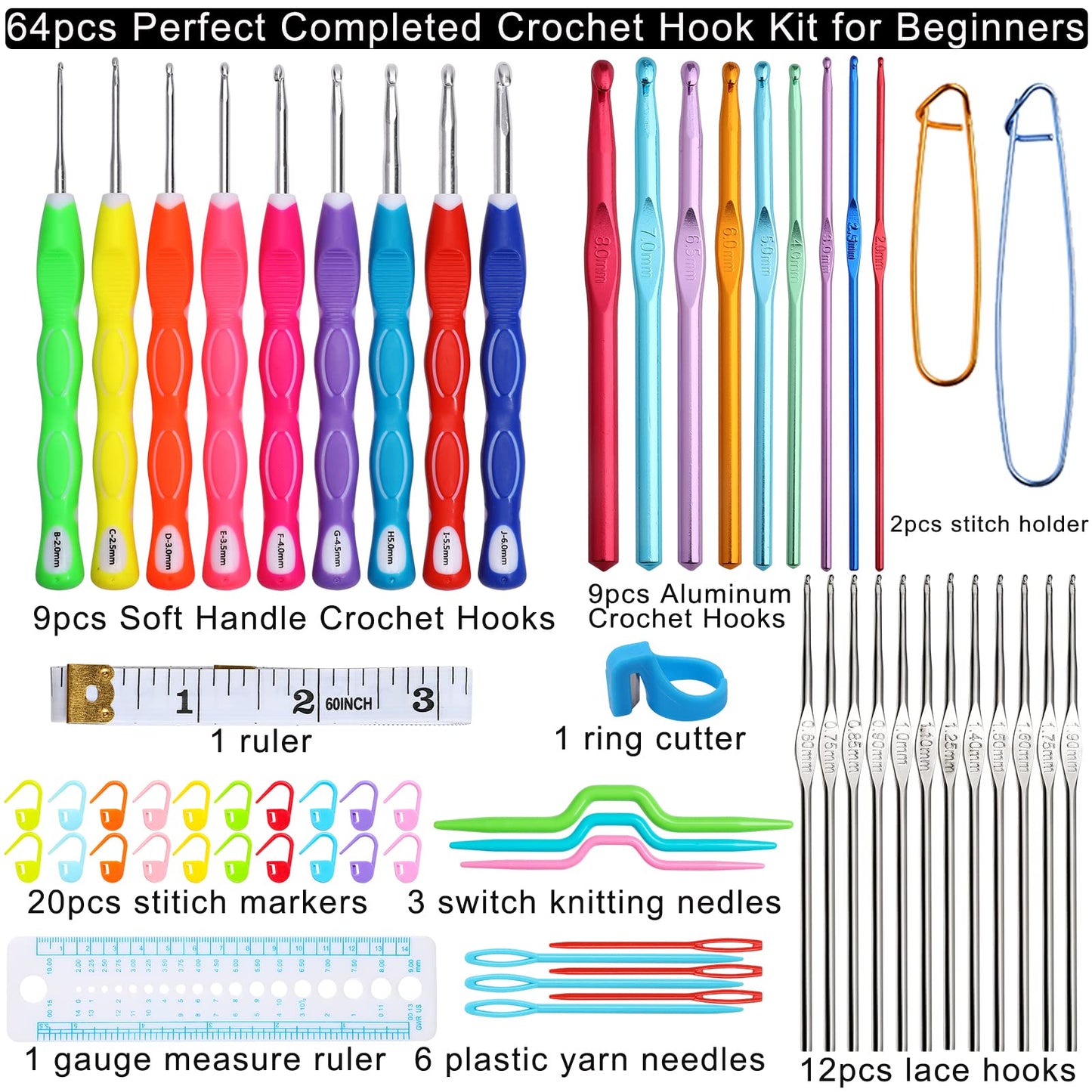 LOOEN Crochet Hooks Set-Yarn Needles Coloured Aluminum with Storage Case Rubbery Handle Ergonomic Comfort Grip DIY Craft Handmake Kit 64pcs