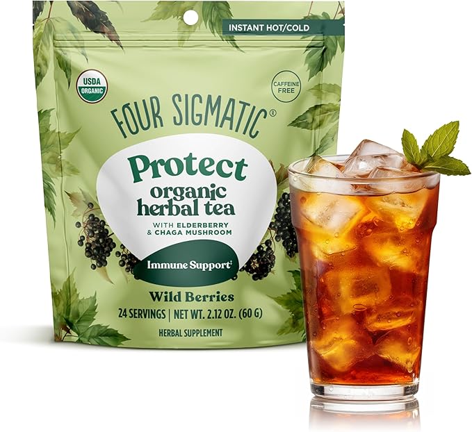 Four Sigmatic Protect Organic Herbal Tea | Immunity Tea w/Chaga & Adaptogens | Organic Chaga Tea w/Antioxidant-Rich Cherry, Elderberry & Blueberry | Vegan, Gluten-Free | Wild Berries, 24 Servings