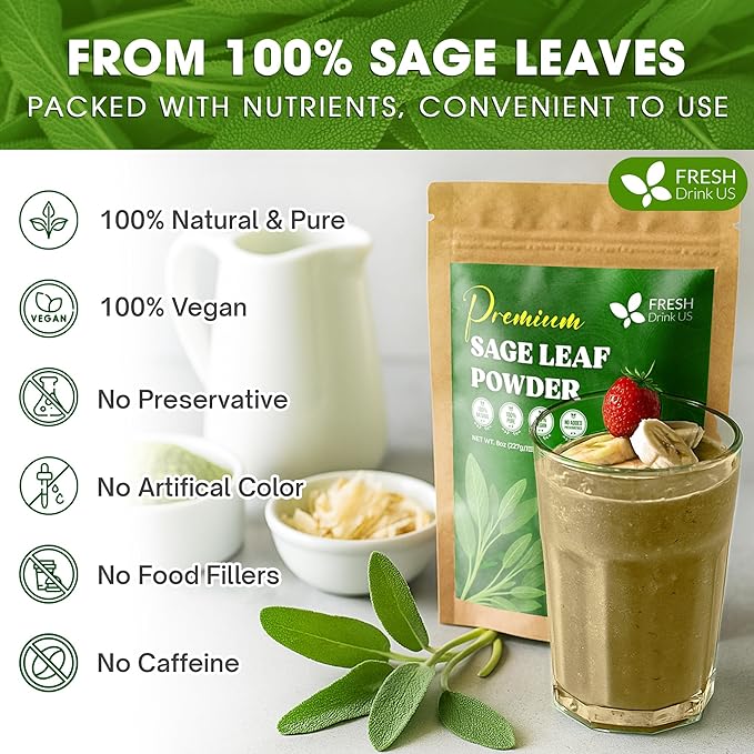 FreshDrinkUS, Sage Leaf Powder 4oz – Premium Culinary Herb, Pure Ground Sage Leaves for Cooking, Baking & Herbal Infusions – Resealable Pouch