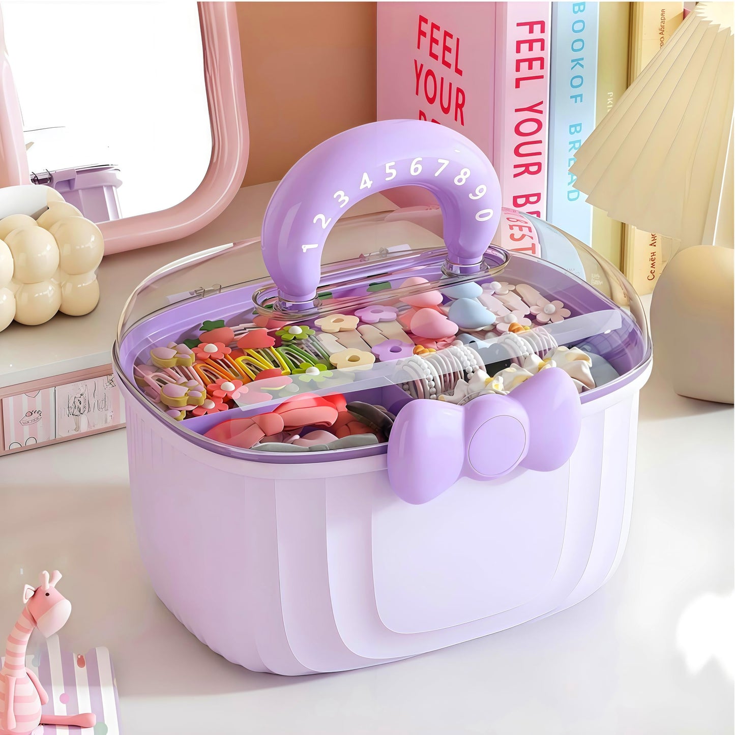 Noamus 10" Multipurpose Storage Box with Removable Tray, 2 Layer Cute Hair Accessories Organizer, Clear Plastic Folding Craft Case for Headbands, Sewing, Clips Ties Supplies, Purple