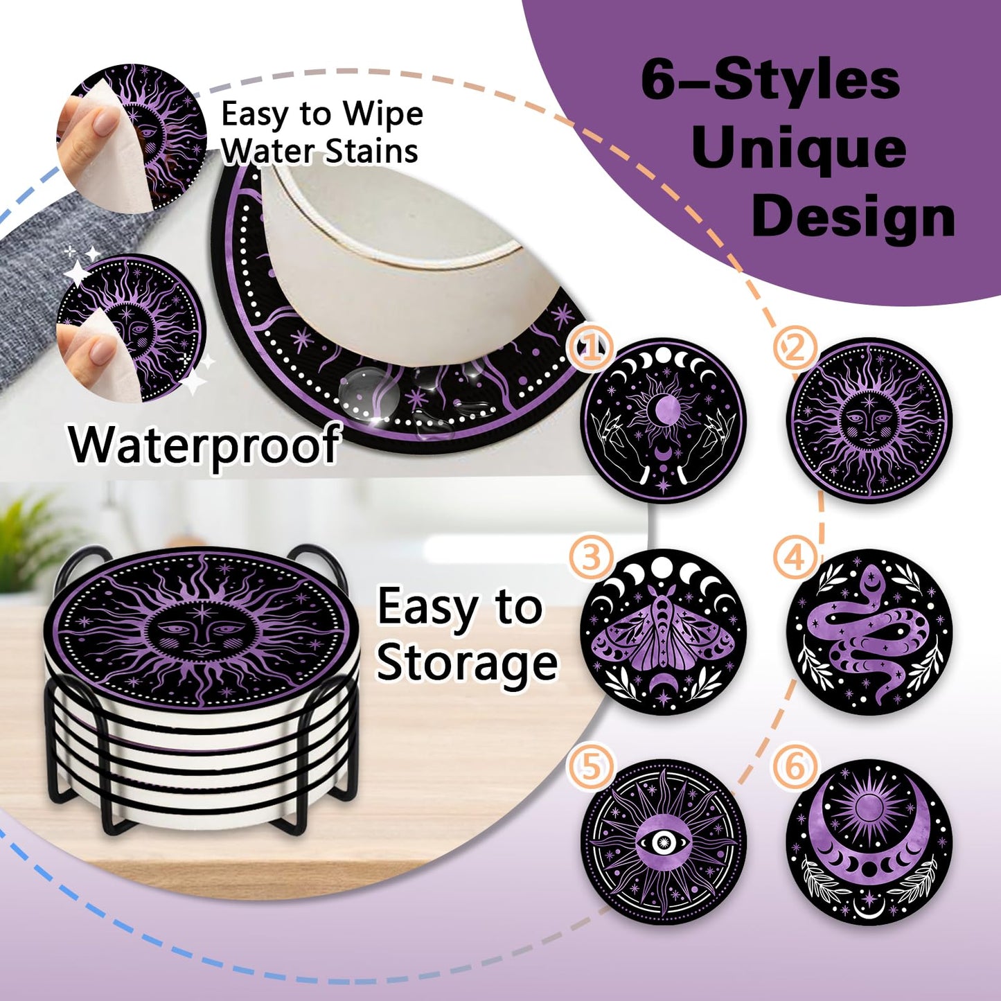 Paayna Moon Phase Sun Ceramic Coasters with Holder Set of 6, Mystical Astrology Snack Moth Absorbent Drink Cup Mat for Coffee Table Protection, 4'' Retro Dark Home Kitchen Decor Housewarming Gifts