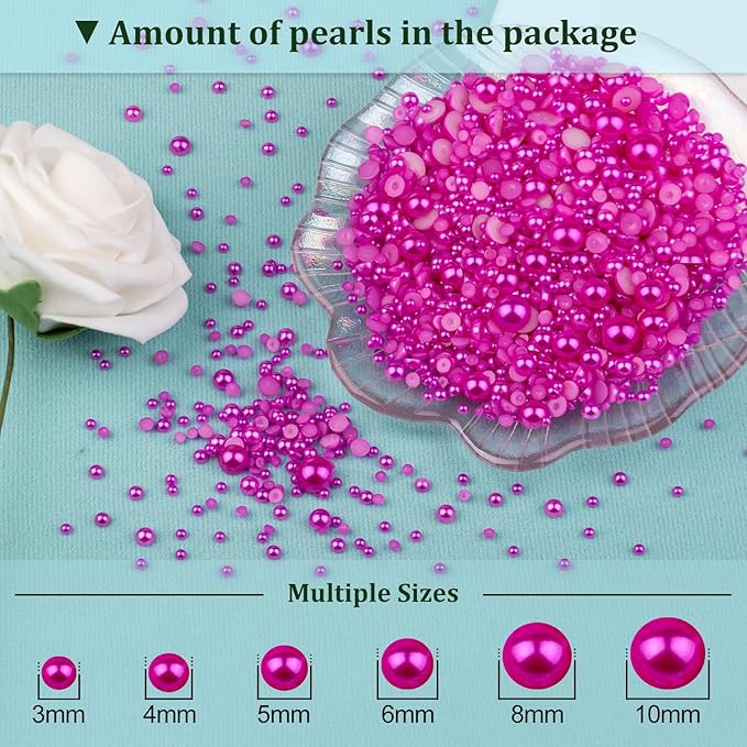 4 Boxes Flat Back Pearls Kit 11 Flatback Rose Red Half Round Pearls 3-10mm with Pickup Pencil and Tweezer for Home DIY and Professional Nail Art, Face Makeup and Craft