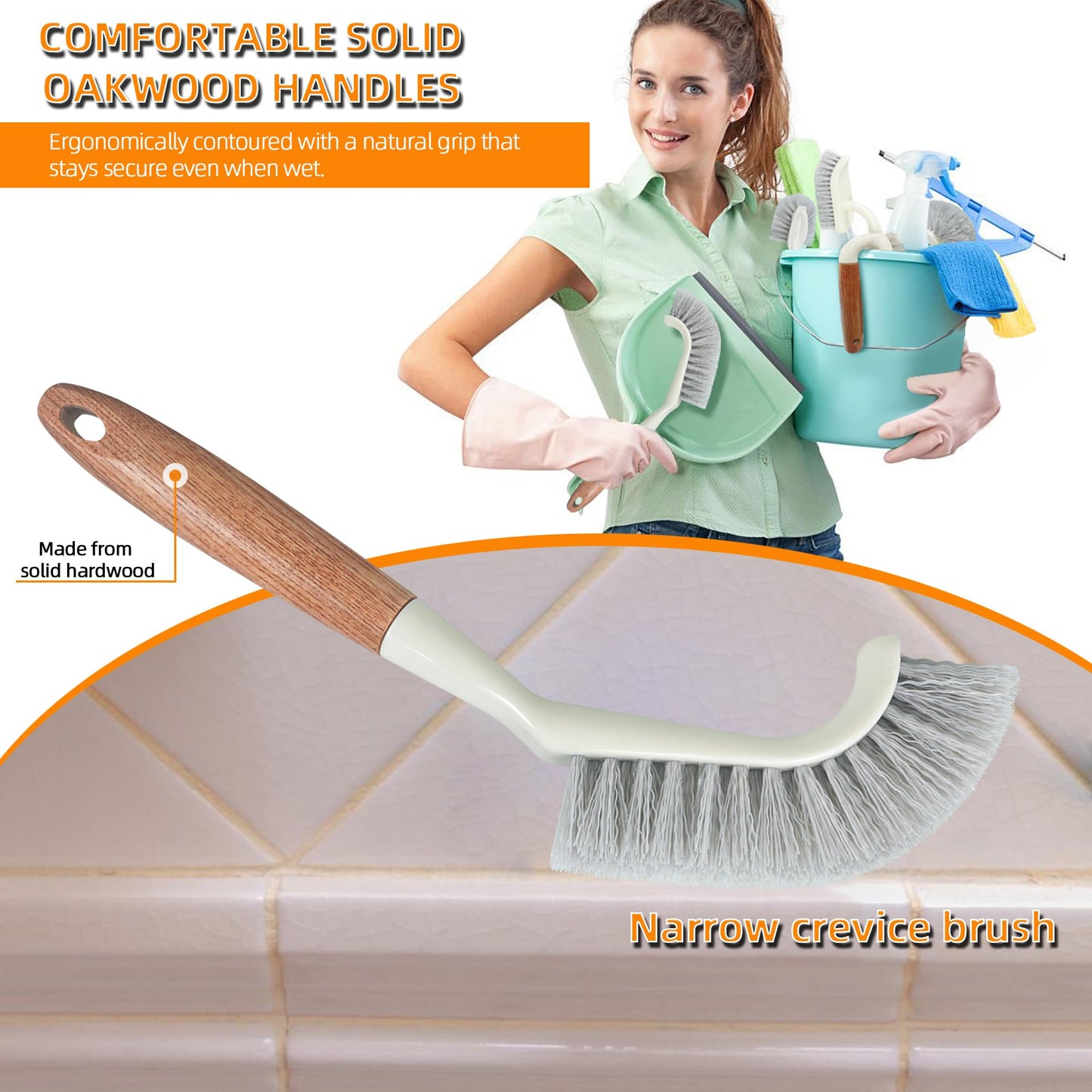 Attoshow 5-Pack Heavy Duty Scrub Brushes Set with Wooden Handles, Multi-Surface Scrubber for Kitchen, Bathroom, Tile & Grout, Includes Spherical, Triangle, Square & Dish Brush for Stubborn Stains