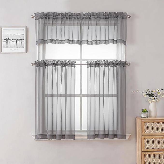 Lecloud Charcoal Grey Sheer Valances for Windows 18 Inch Length 2 Pcs, Cafe Kitchen Curtains for Bedroom Living Room, Short Curtains for Small Windows with Dual Rod Pocket Home Decor, 42" W x 18" L