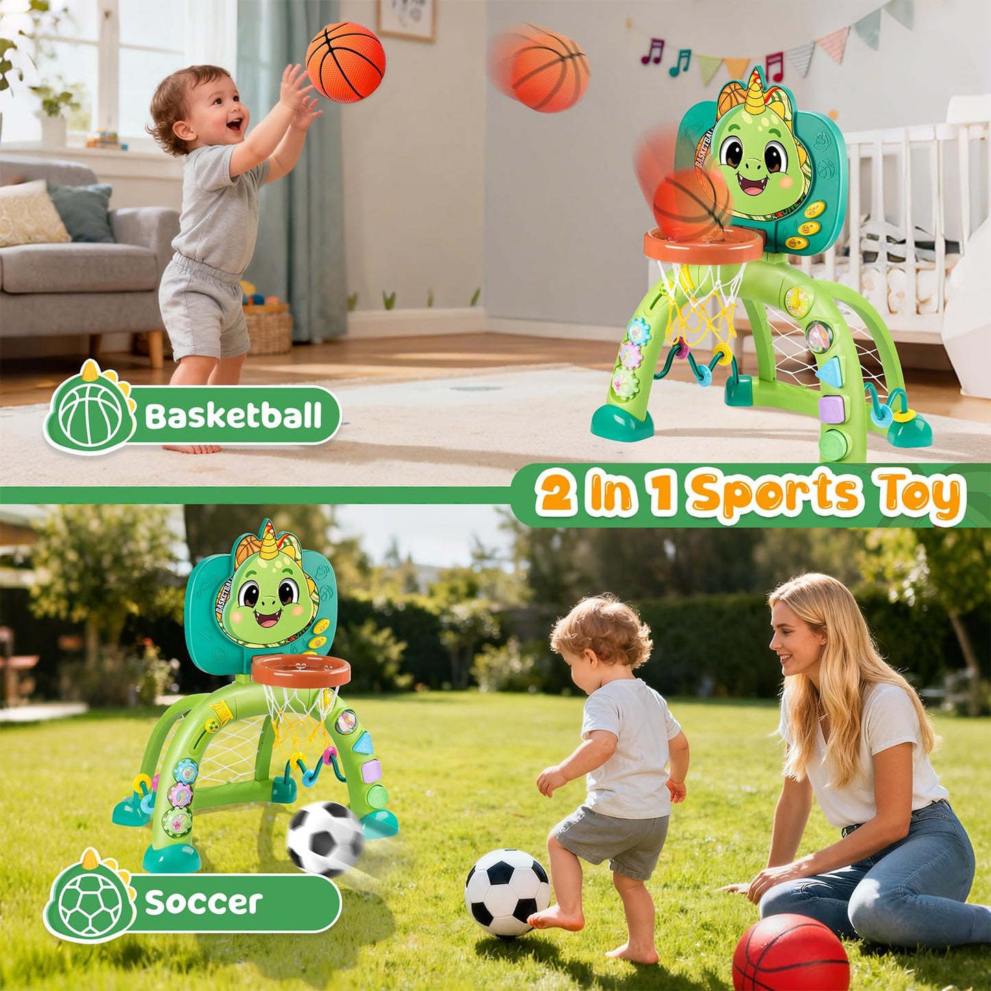 Toddler Basketball Hoop & Soccer Goal, Toys for 1 2 3 Year Old Boys Girls, Dinosaur Sports Play Toy Activity Center, Interactive Musical Sports Toys with Light, Christmas Birthday Gift for Ages 1-3