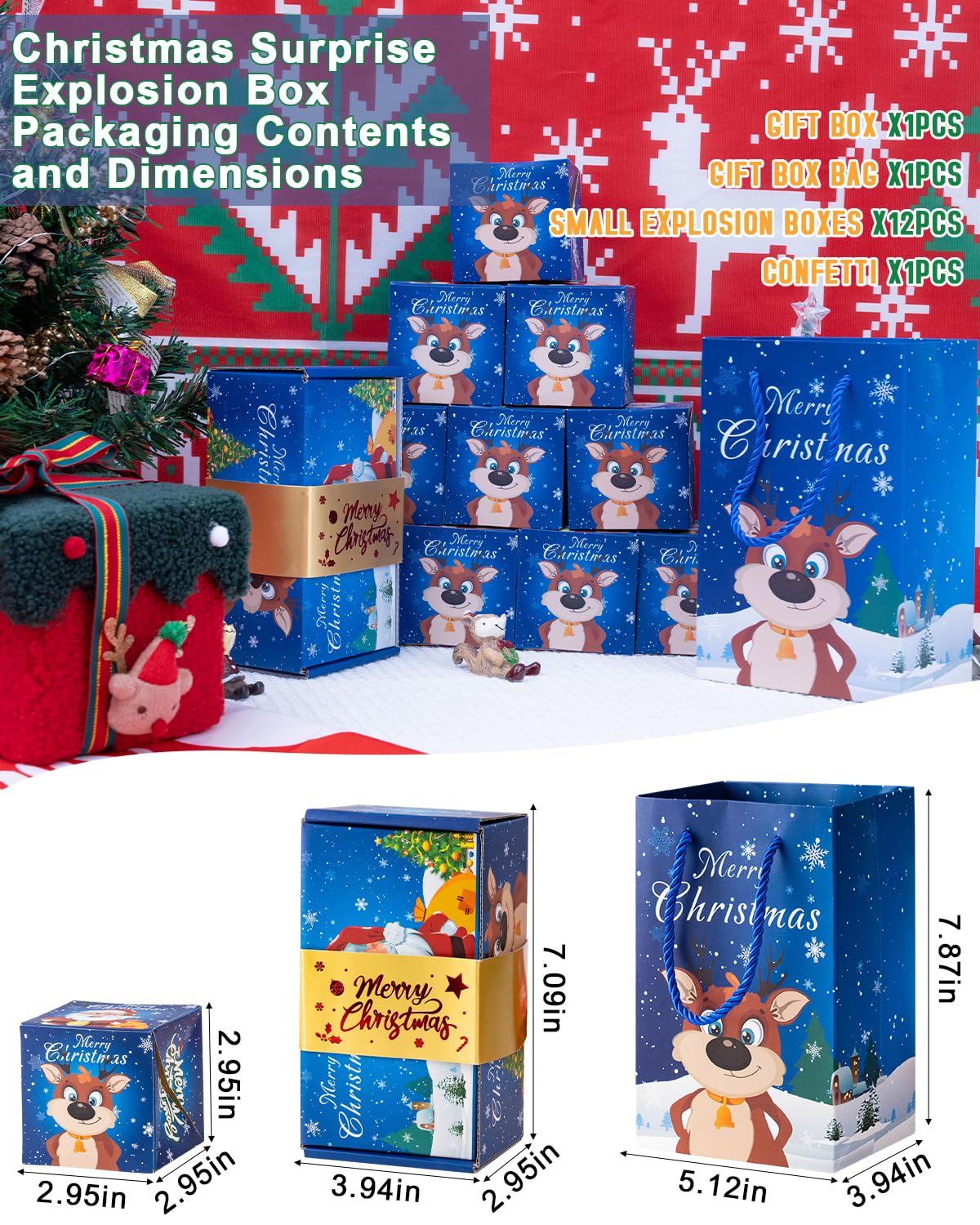 ASSRECT Exploding Gift Box - Christmas Surprise Box Pop Up with 12 Money Holders, Reusable Party Gift Box for Cash, Gifts, Xmas, Birthday, Party Supplies (Blue)