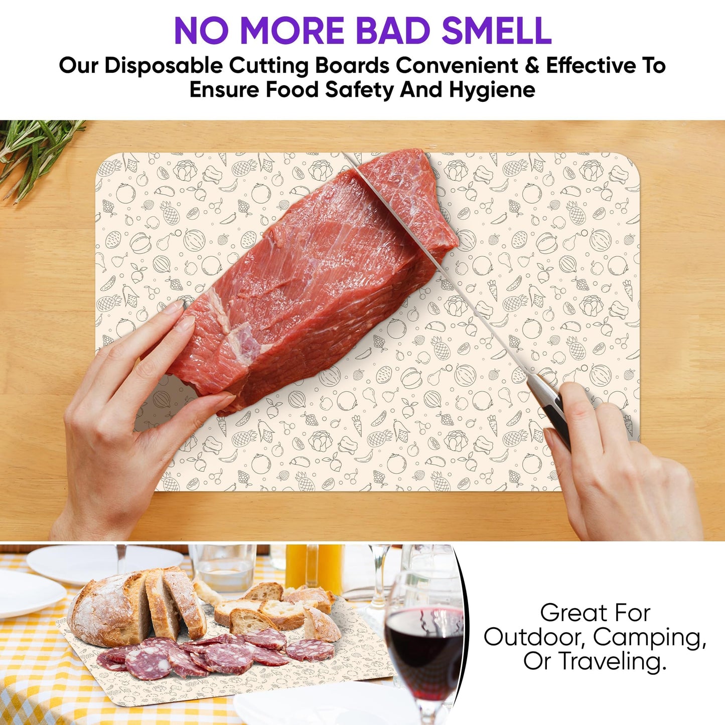 Purple Dot 30 Pack Disposable Cutting Board Sheets – Large Flexible Cutting Mats for Meat, Chicken, Fish & Vegetables – Portable Chopping Board Liners for Kitchen, Crafts, Art Projects & Camping
