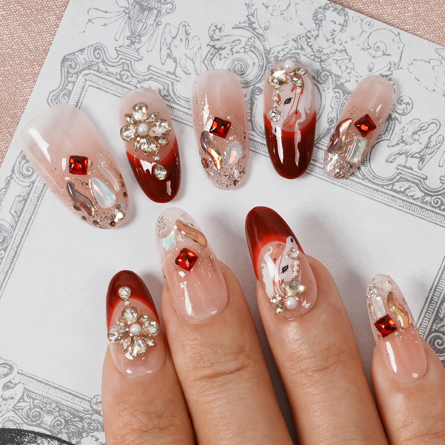 Tesytto Handmade Press on Nails Almond Shape Glossy Reusable False Nails for Nail Art (Crimson Crystal Butterfly Glow, M)