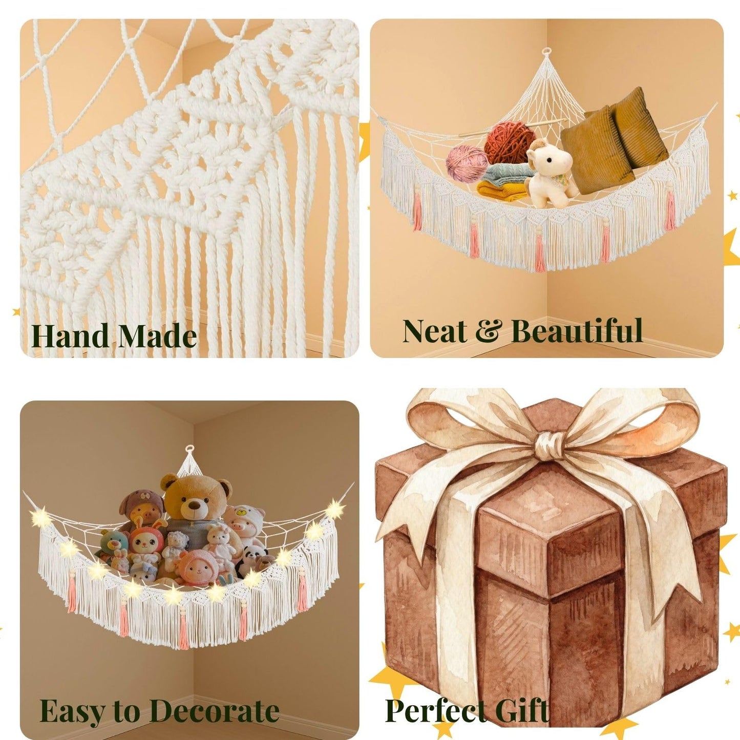 SYSYNA Corner Stuffed Animal Hammock - Large Macrame Wall Mounted Plush Toy Storage Net, Kids Room Decor