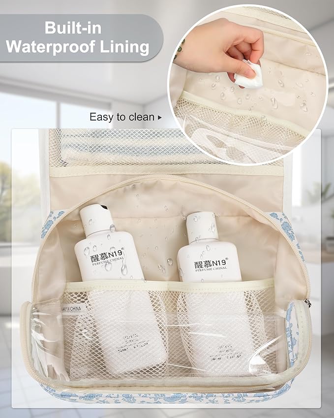 Relavel Small Hanging Toiletry Bag for Men and Women, Portable Hanging Organizer for Travel-Sized Shower Dopp Kit, Waterproof Toiletries Organizer with 3 Compartments for Outdoor - Blue Flower