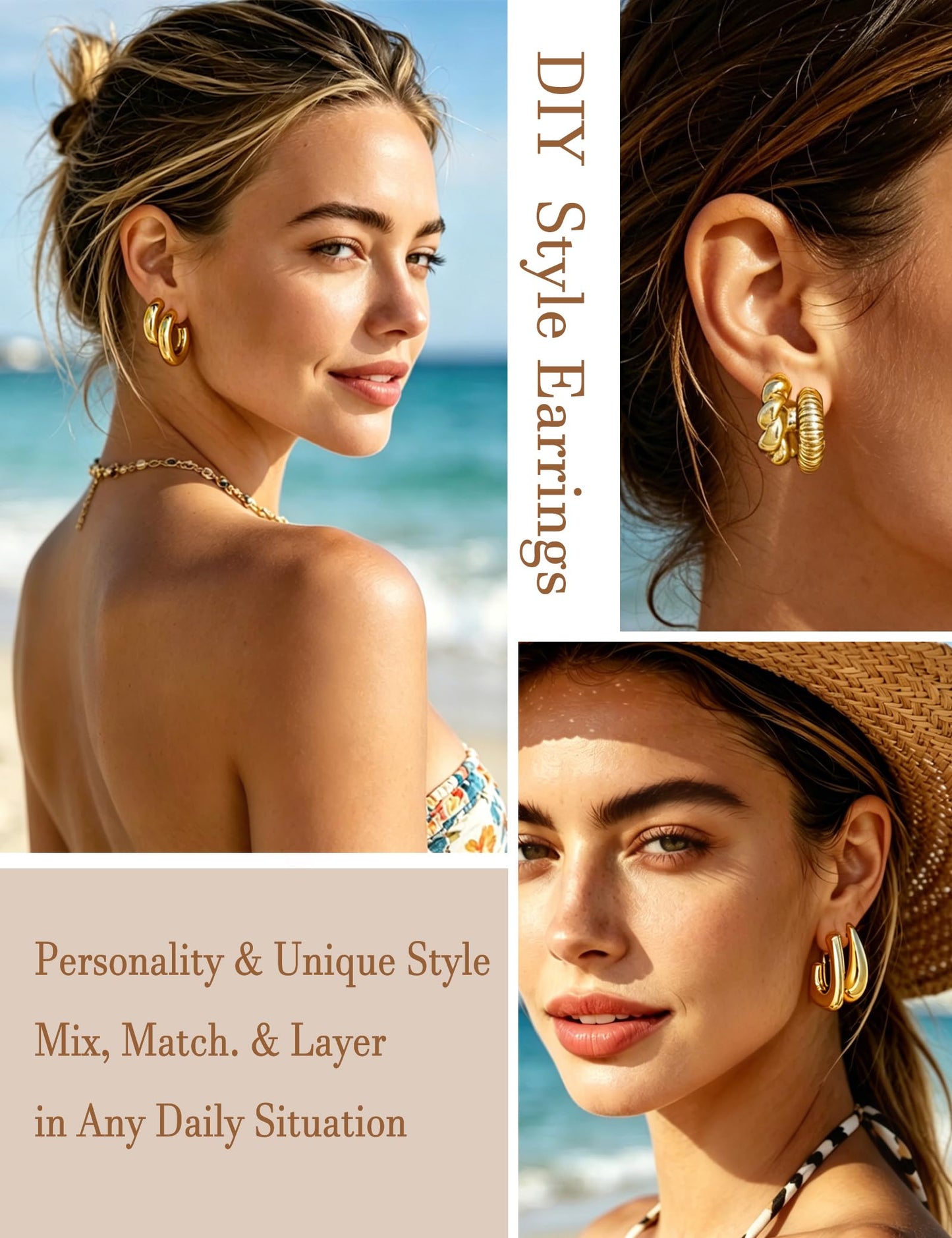 16 Pairs Starfish Chunky Gold Hoop Earrings Set for Women, Beach Shell Style Stack Statement Earrings, Hypoallergenic Lightweight Gold Plated Trendy Summer Jewelry Gift