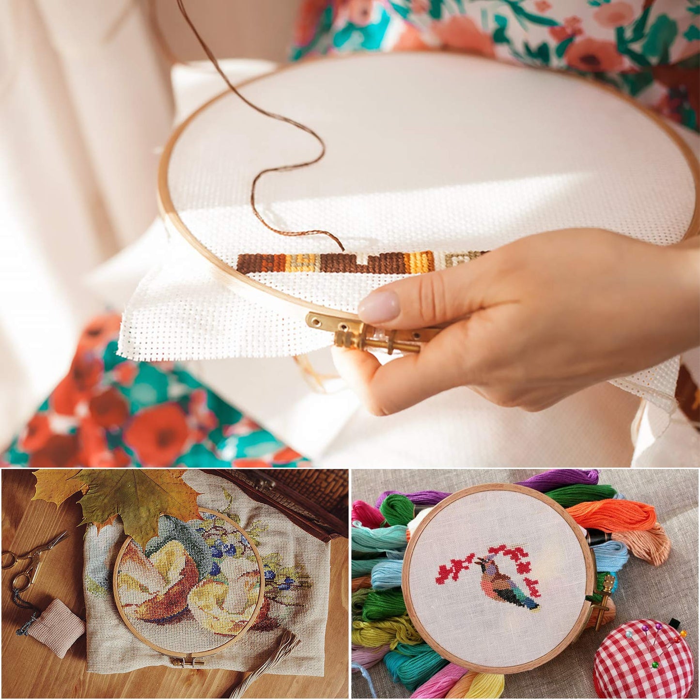 Sherbo 3 Pieces Beech Wood Embroidery Hoops Set By 7 Inch to 9 Inch Circle Hoop Ring Cross Stitch Cotton for Diy Embroidery Floss Starter of Sewing Art Kits Crafts (BeechHoop 7-9)