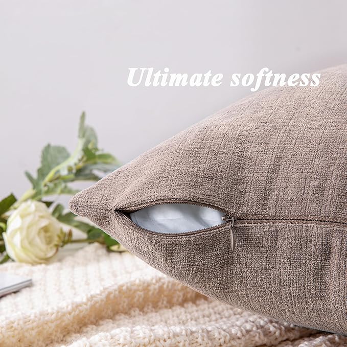 GAWAMAY Decorative Chenille Throw Pillow Covers 24x24 Inch Pack of 2, Soft Square Couch Pillow Cover for Sofa Cushion Living Room Bedroom Pillowcases Taupe Grey 60x60cm (ONLY Covers)