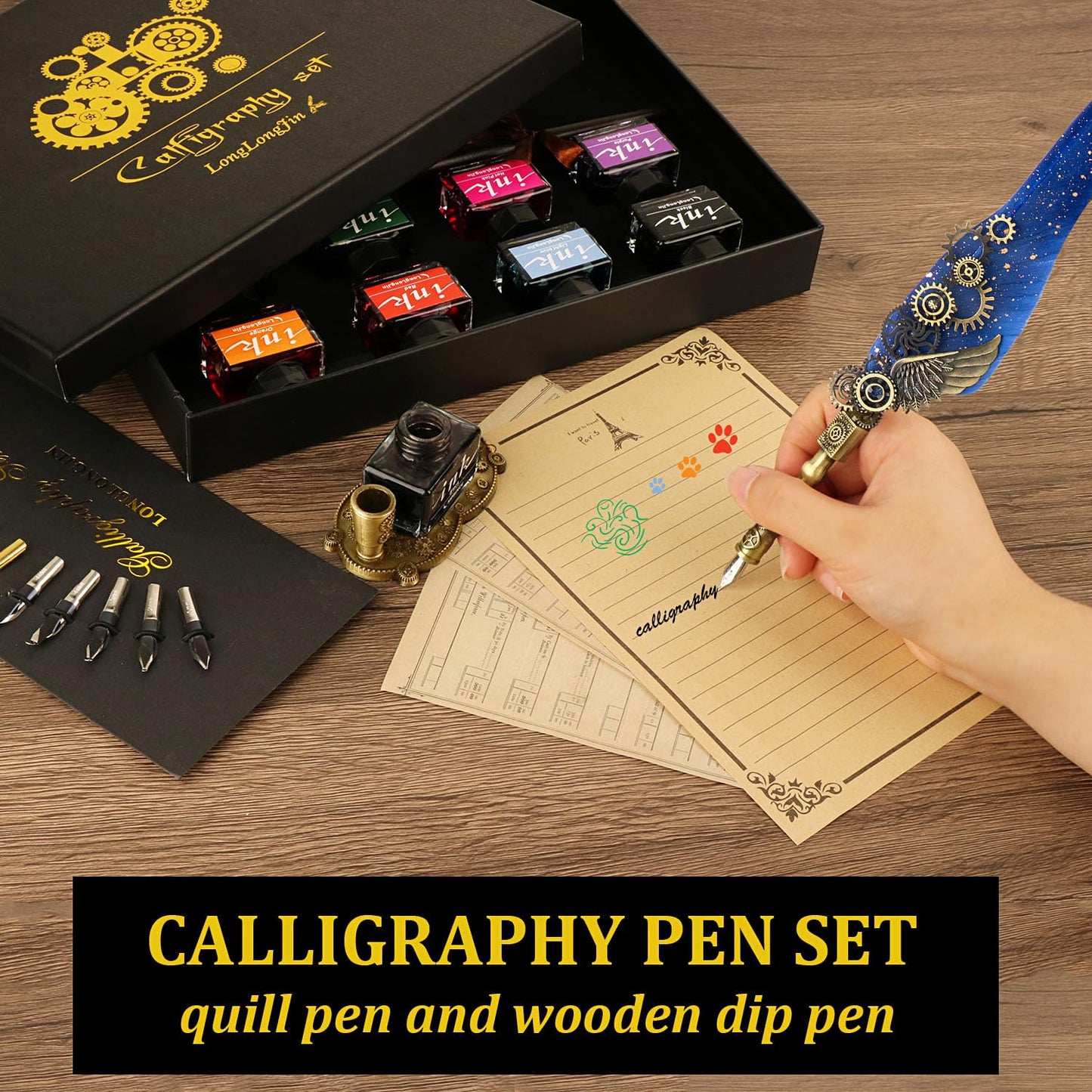 LongLongJin Calligraphy Pens and Ink Set - Calligraphy Kits for Beginners,Quill Pen Includes Dip Pen,8*Colors Ink,11*Calligraphy Pen Nibs（Blue）