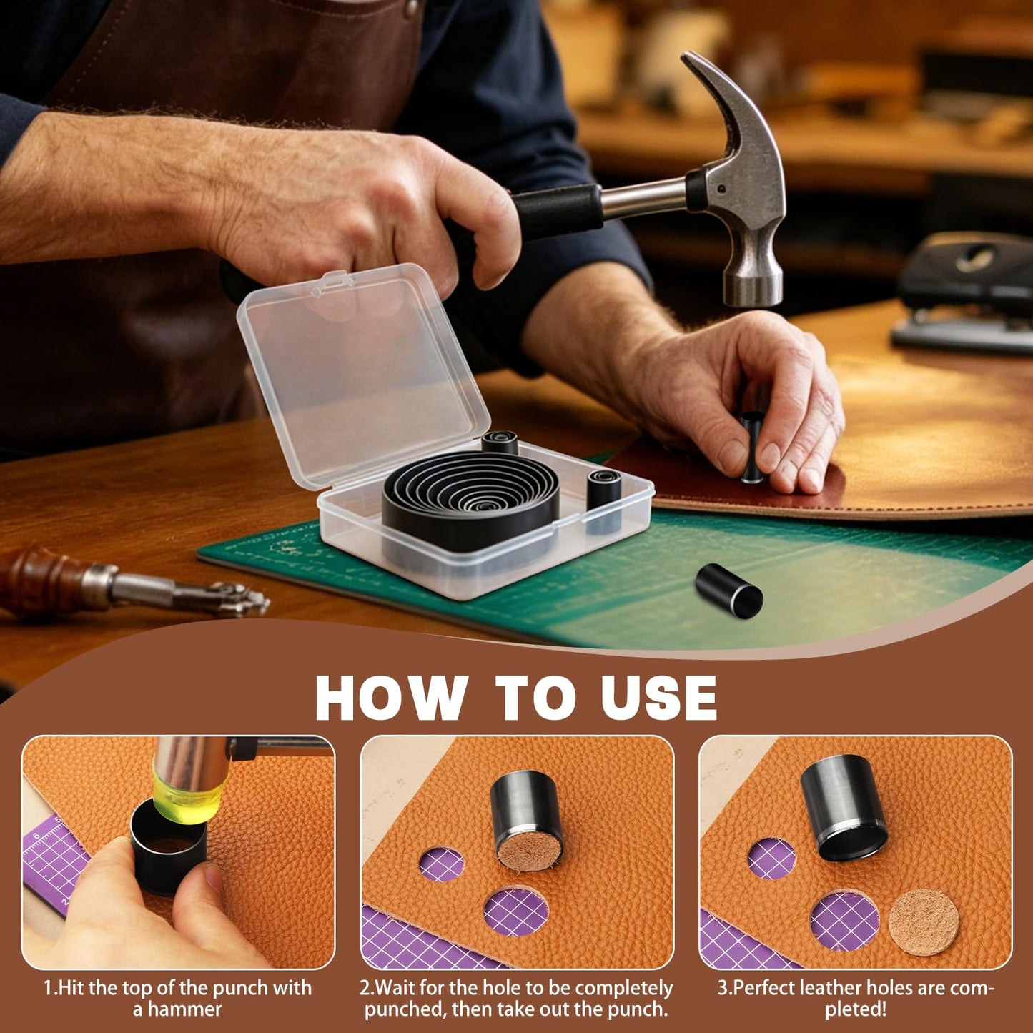 24 Pcs Leather Circle Dies Cutter Tool Set, Hole Punch Tools with 1-15mm 20 25 30 35 40 45 50 55 60 mm Hole Punch, High Carbon Steel Round Craft Punching Tools Kit for DIY Leather Crafts