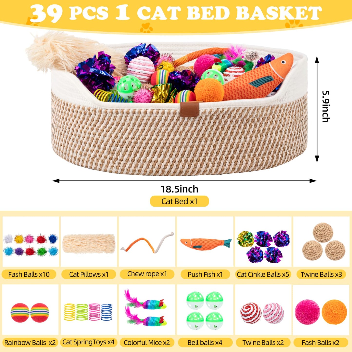 Leitee Mother's Day Cat Bed Storage Basket with 40 Pcs Cat Variety Toys Pack Set Includes Pillows, Spring Toy, Fish, Chew Rope and Balls for Kitten Kitty Swat Hunt Interactive Pet(White,Yellow)