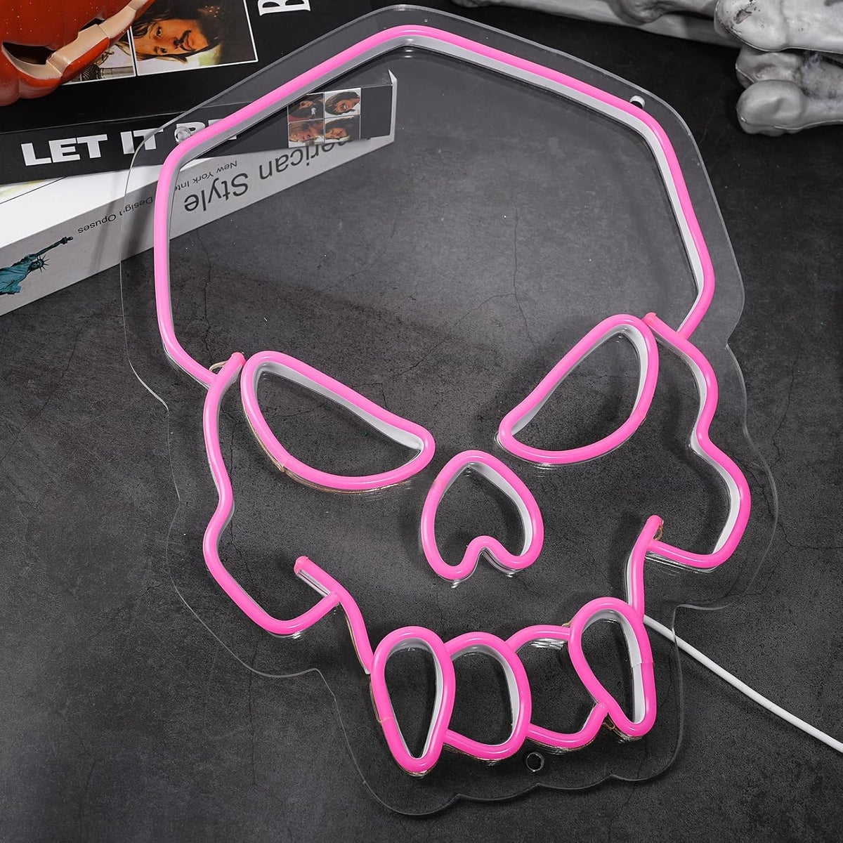 Dimmable Skull Neon Sign,Halloween Pink Neon Sign Light for Wall Decor, Skeleton LED Neon Sign for Beer Bar Bedroom Art,Skull Head Neon Lights Suitable for Computer Room, 5V USB Power 15.75 * 11.8in