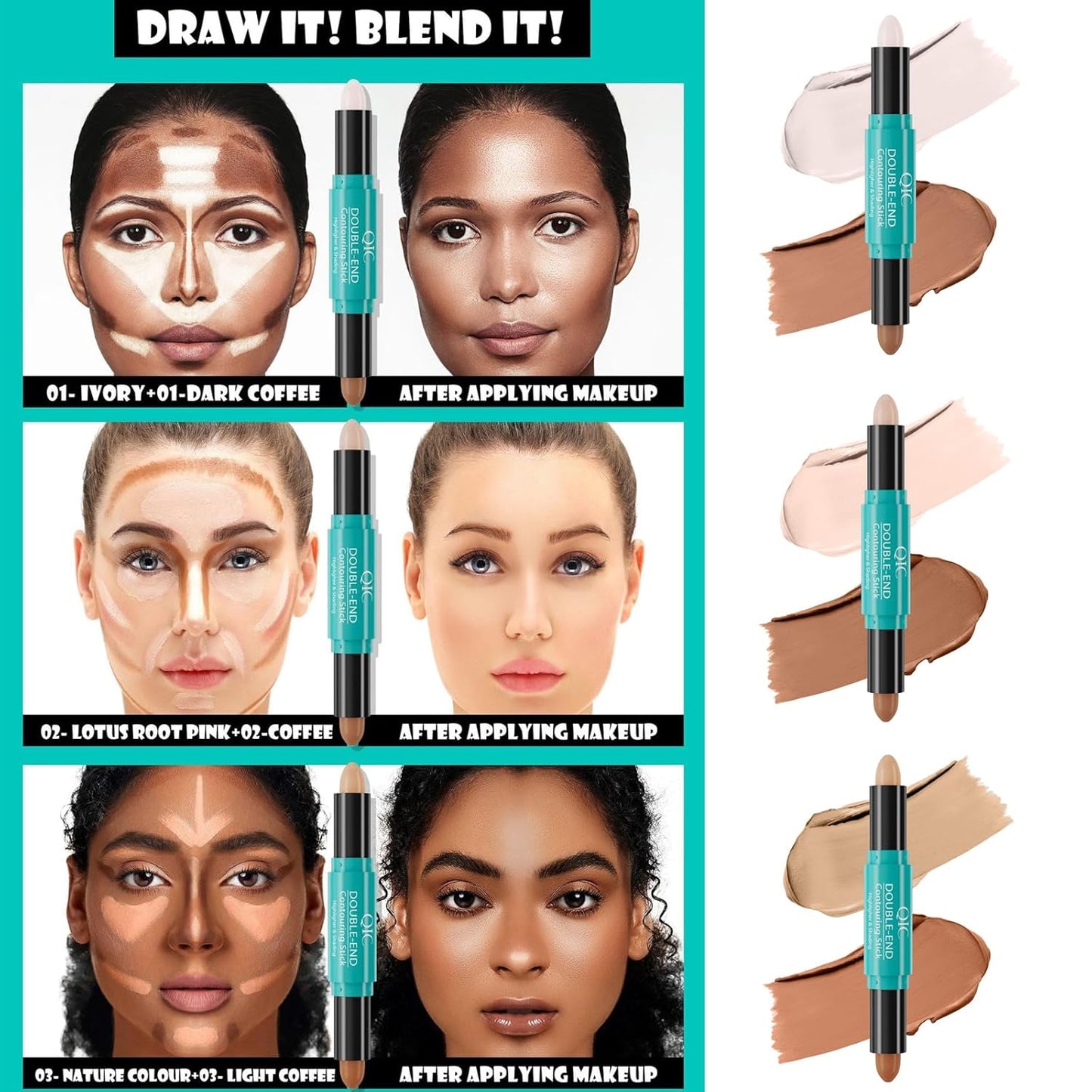 MEICOLY 2-in-1 Highlighter Contour Stick,Cool Toned Contour Stick,Makeup Highlighter Stick,Long Lasting Waterproof Bronzer Contour Pencil,Travel Cream Face Shaping Stick,01