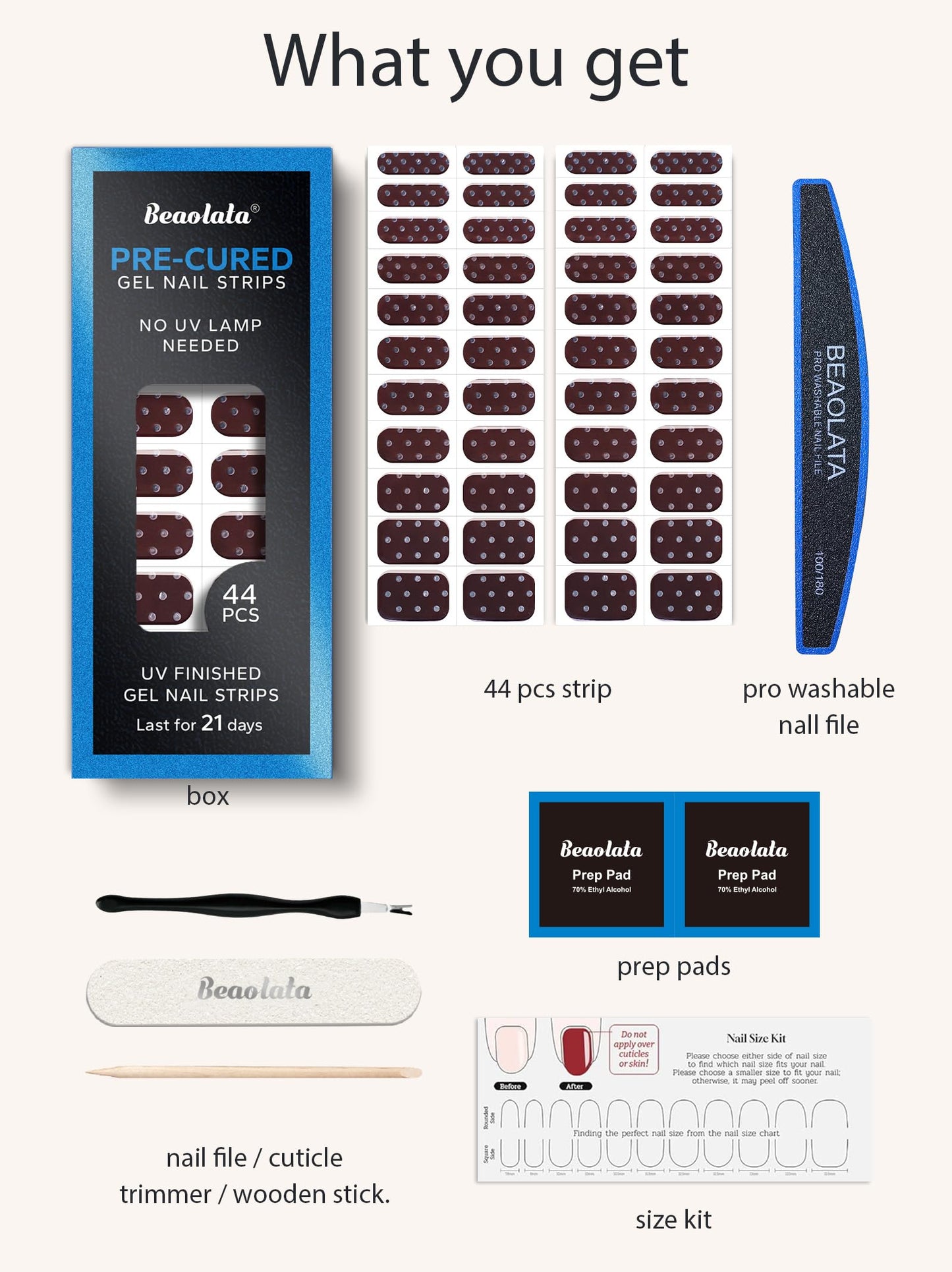 Beaolata Real Gel Nail Strips (No UV Light Needed) - 44Pcs Salon Quality Nail Stickers - Long Lasting Polish Wraps for Women, Easy Apply & Remove (Starry Clay Brown)