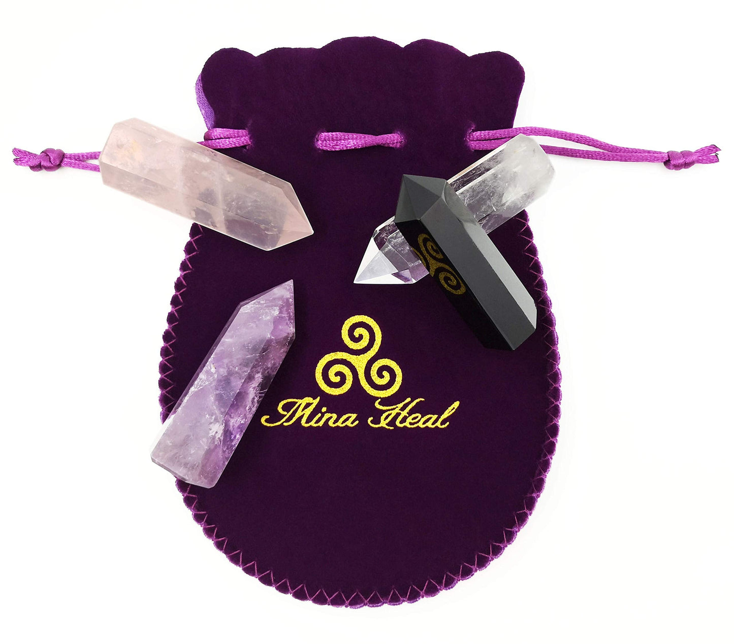 Set of 4 Healing Crystal Wands | Amethyst Crystal, Clear Quartz Crystal Wand & Rose Quartz Crystal Points,Black Obsidian| 6 Faceted Reiki Chakra Meditation Therapy