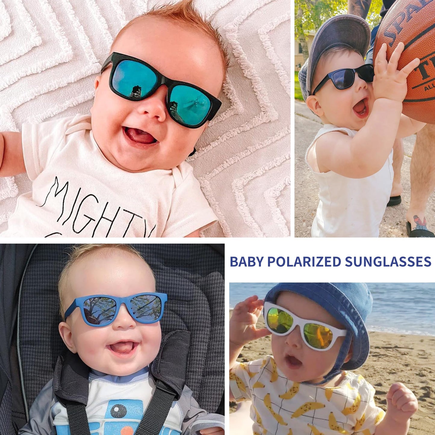 Hycredi Flexible Bendable Baby Polarized Sunglasses with Strap for Newborn Infant Boys Girls Age 0-18 Months-Matte Black/Grey+ Black/Green Mirror