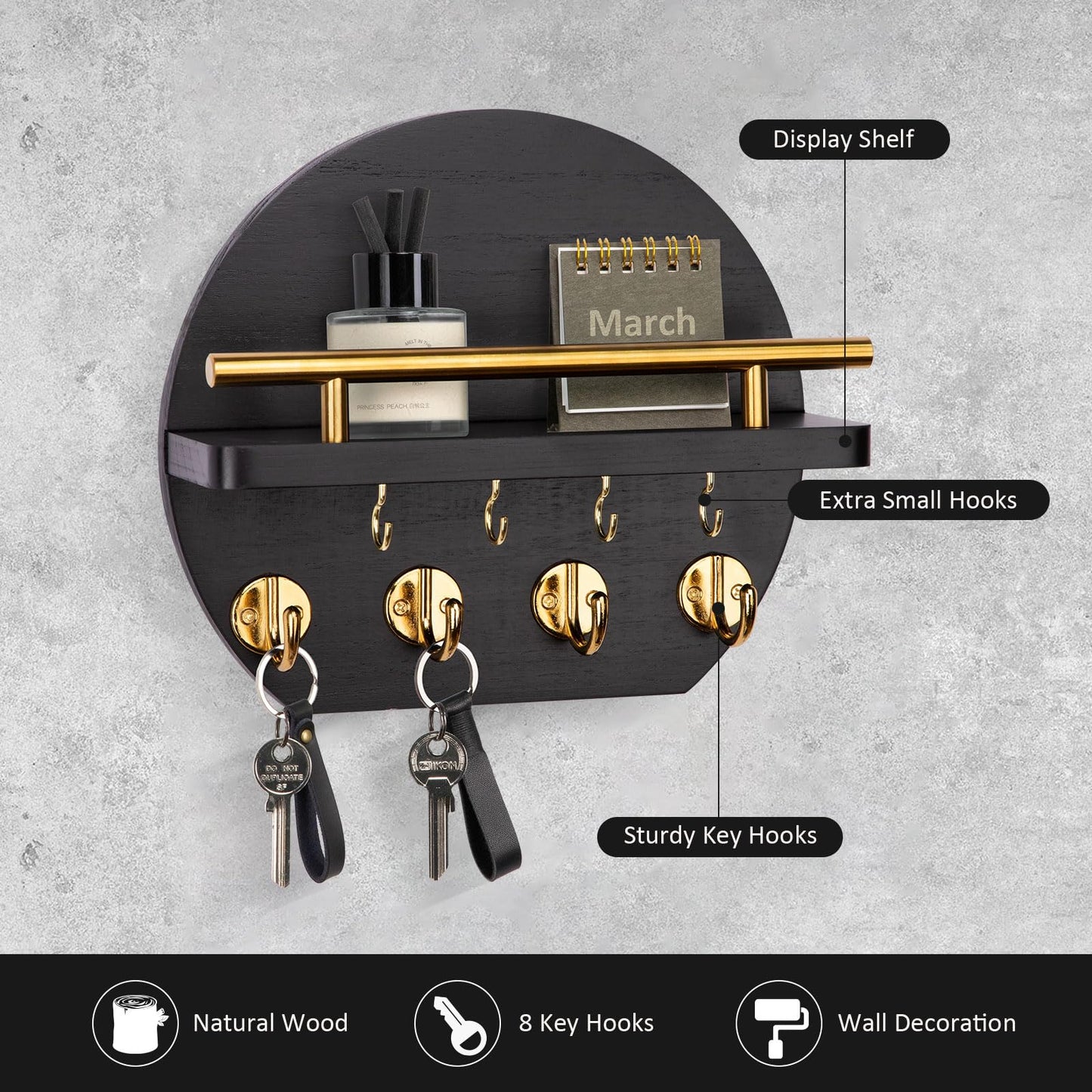Nekon Key Holder for Wall - 9.8 Inch Apartment Wall Decor with Shelf and 8 Key Hooks, Circular Wood Key Hanger for Home Decor (Black with Golden Hooks)