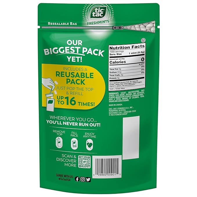 Tic Tac Bulk Resealable Refill Bag, Freshmint Breath Mints, On-The-Go Refreshment, Includes Empty Refillable Pack, 17.2 oz