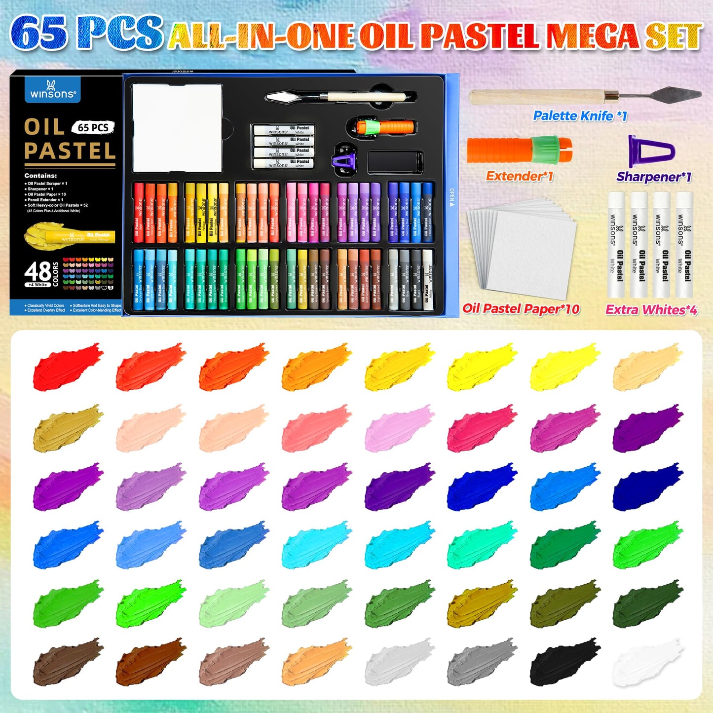 WINSONS 65 PCS Oil Pastel Set, 48 Soft Colors & Extra 4 White Pastels, Complete Art Kit with Holder, Scraper, Sharpener & Pastel Paper – Non-Toxic, Smooth Blending for Artists & Beginners