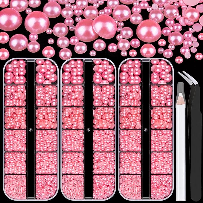 Belleboost Flat Back Pearls Kits 3 Boxes of Flatback Pink Half Round Pearls with Pickup Pencil and Tweezer for Home DIY and Professional Nail Art, Face Makeup and Craft