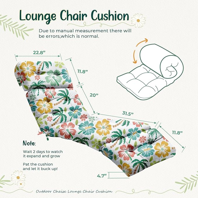 Outdoor Chaise Lounge Chair Cushion 75.1 x 22.8 x 4.7 Inches 100% Waterproof Replacement Cotton Patio Pool Lounge Chair Cushion for Outdoor Furniture with Ties, Green Coconut Tree
