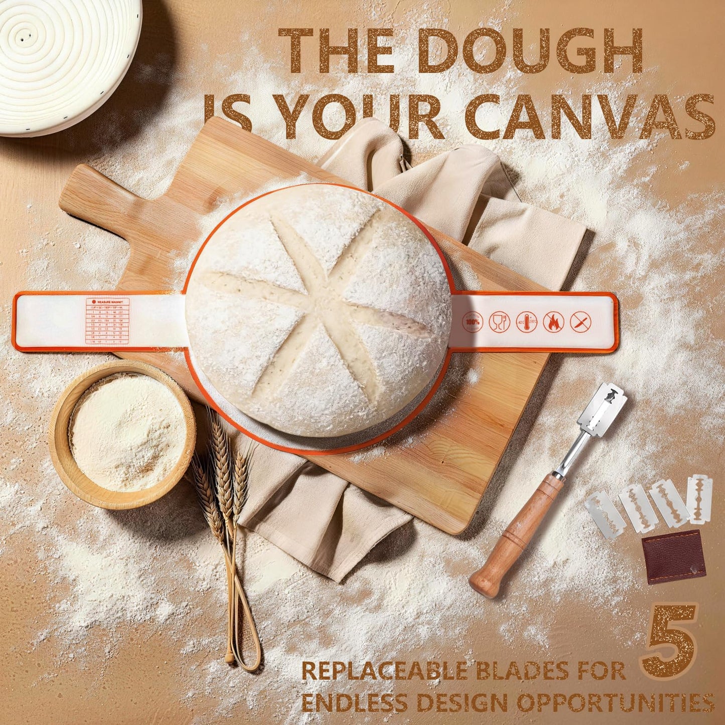 Sourdough Starter Kit for Beginners – Complete Sourdough Kit with Banneton Basket, Bread Lame with Blades, Starter Jar, Bread Stencil, Dough Scraper & Recipe Guide – Sourdough Bread Making Kit