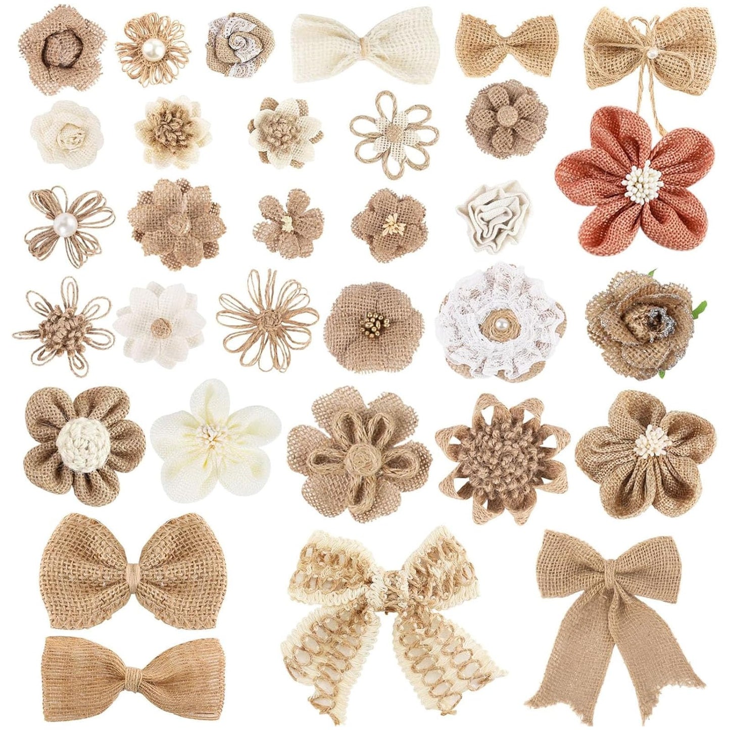 VGOODALL 32 PCS Natural Burlap Flowers Set, Burlap Bows and Scrapbook Embellishments for Wedding Party Decor Home, Embellishments for Crafts