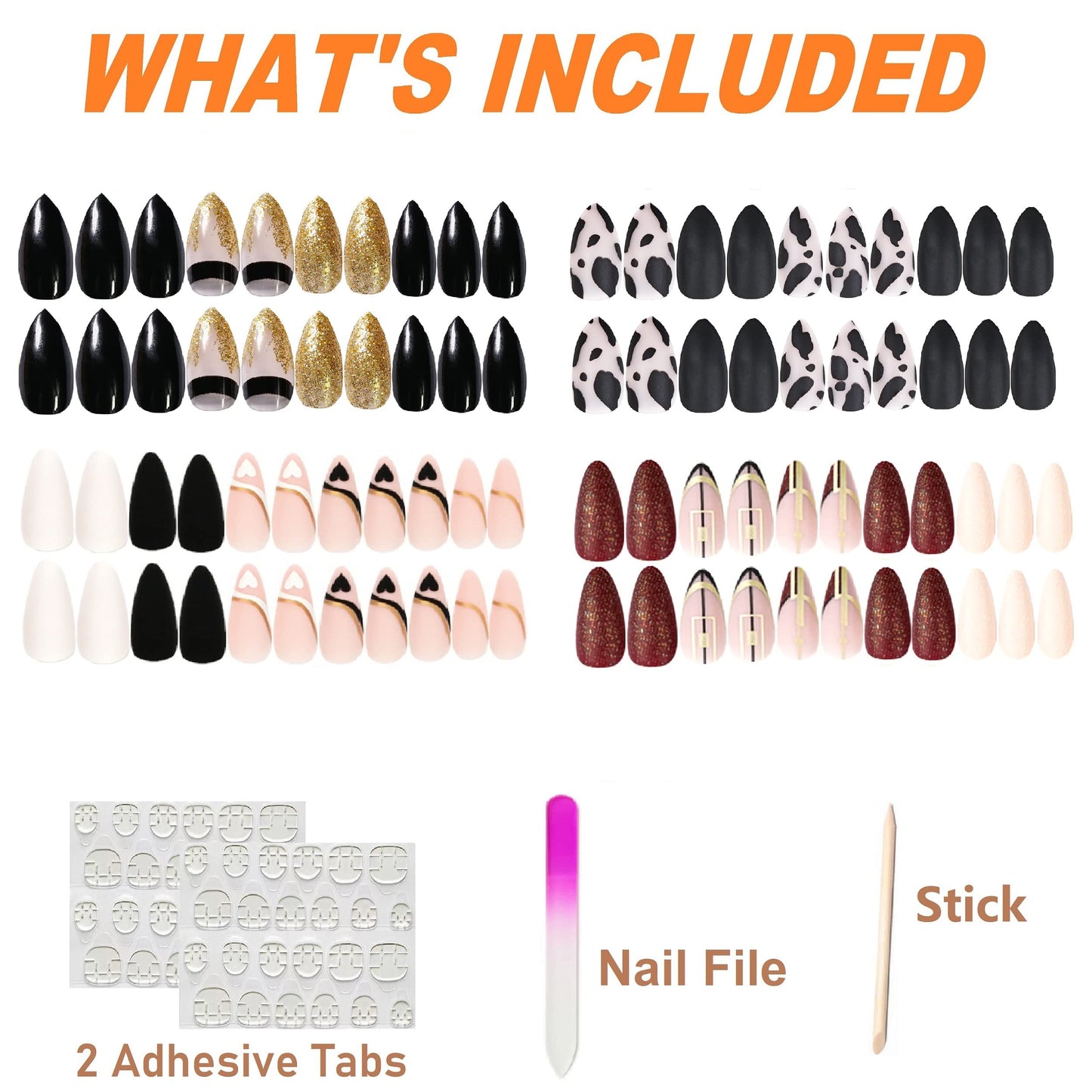 4 Packs (96 Pcs) Press on Nails Medium Gold & Black Almond Design, MMonesu Matte Fake Nails Glue on Nails Set with Adhesive Tabs Nail File for Women