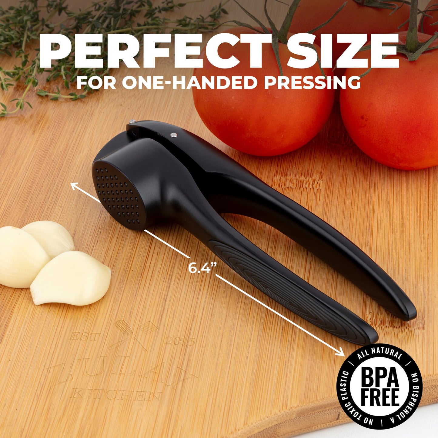 Zulay Kitchen Large Premium Garlic Press Set – Rust Proof & Dishwasher Safe, Bigger Bowl Garlic Mincer Tool with Silicone Garlic Peeler & Brush, Easy Squeeze & Clean, Ergonomic Handle - Black