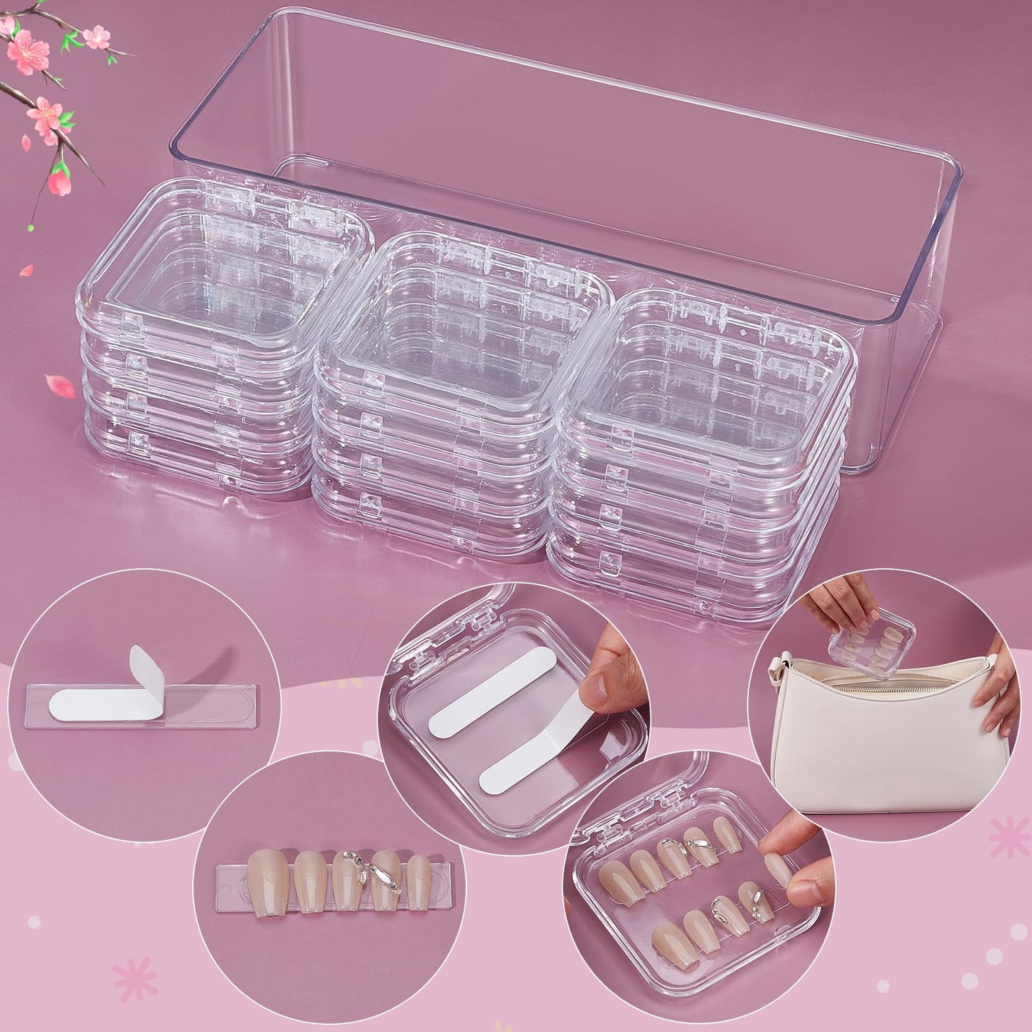 twinklemon 26PCS Press on Nail Storage Box with 2 Big Storage Boxes 60 Adhesive Double Sided Tape 100 Acrylic Nail Display Board Plastic Nail Display Box Fake Nail Case Clear Nail Packaging Boxes
