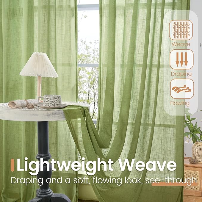 BGment Olive Green Linen Curtains for Living Room 84 Inch Length- Light Filtering Window Drapes Rod Pocket Natural Textured for Bedroom Lightweight Rustic Spring Decor, 2 Panels Set, 52 X 84 Inch