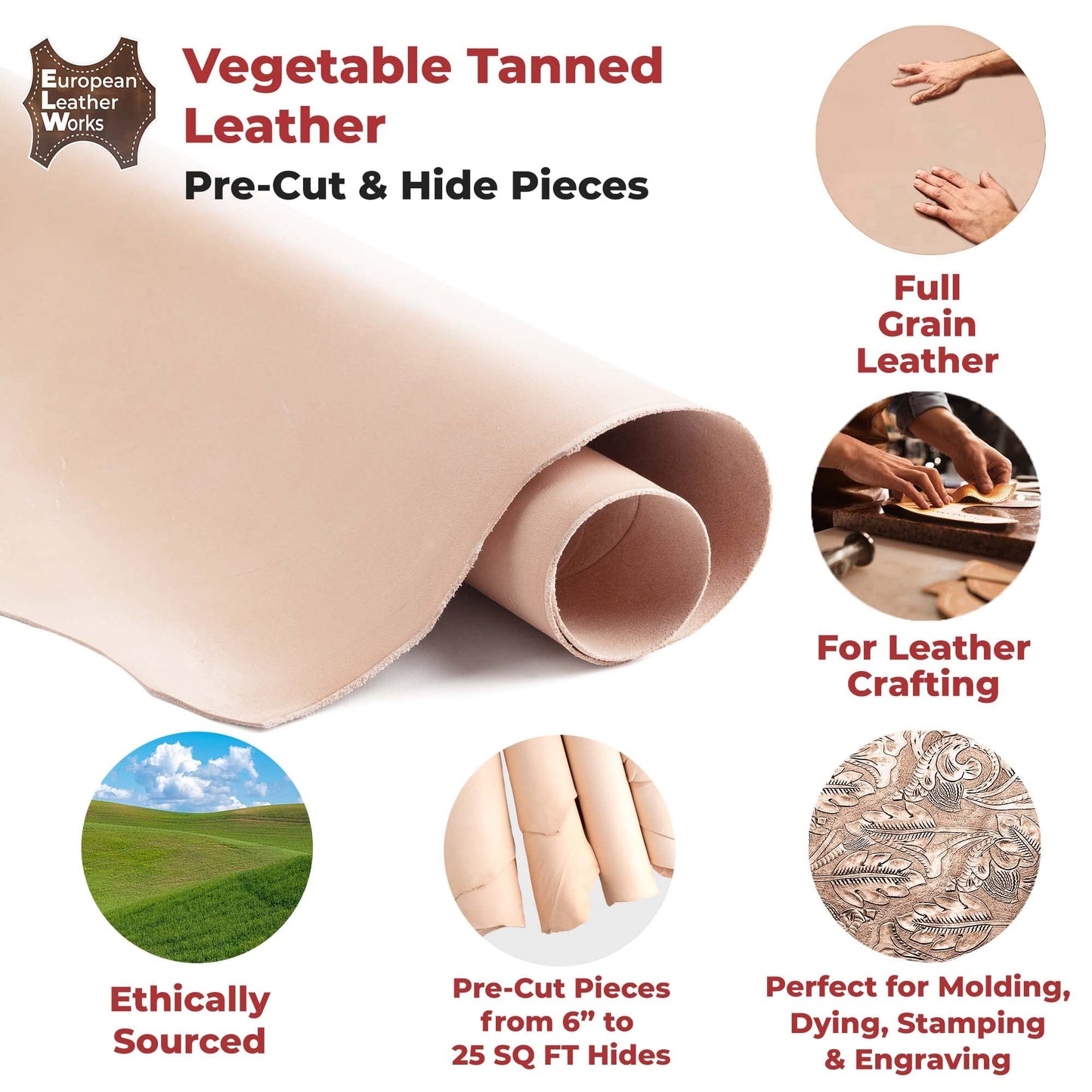 ELW 3-4 oz (1.2-1.6mm) Thickness Weight Pre-Cut 12"x24" Vegetable Tanned Leather Cowhide Grade AB Full Grain Leather for Tooling, Carving, Engraving, Molding, Embossing, Stamping, & Dyeing
