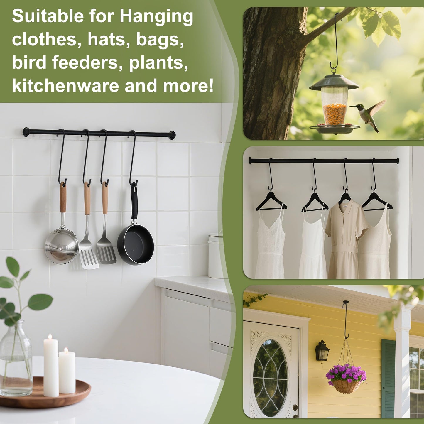 WWYICHEN 12 Inch Large S Hooks for Hanging Plants, Black Metal Heavy Duty Long Hook for Hanging Bird Feeder, Bird House, Clothes, Wind Chimes, Flower Basket, 2 Pack