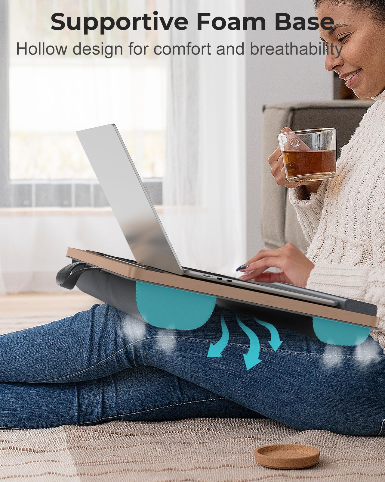 Potuopy Lap Desk - Up to 17” Laptop Tray with Wrist Rest, Portable Handle, Fixed Mouse Pad, Tablet & Phone Slots, Laptop Stand for Bed with Cushion (Dark Brown Woodgrain)