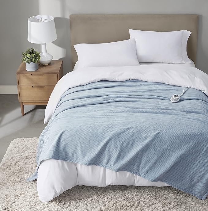 Serta Travis Fleece Ultra Soft Tri-Rib Textured Electric Blanket, Cozy and Snuggly Cover Fast Heating for Cold Weather, Auto Shut Off, Multi Heat Setting Controller, Twin, Dusty Blue