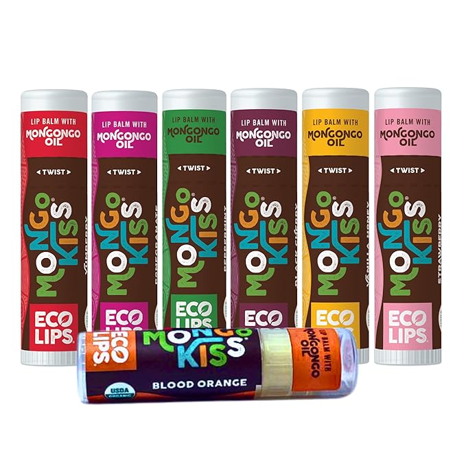Eco Lips Mongo Kiss Organic Lip Balm 7 Pack - Blood Orange, Black Cherry, Pomegranate, Vanilla Honey, Peppermint, Strawberry Lavender, Yumberry | Mongongo Oil to Soothe & Moisturize Dry, Cracked Lips