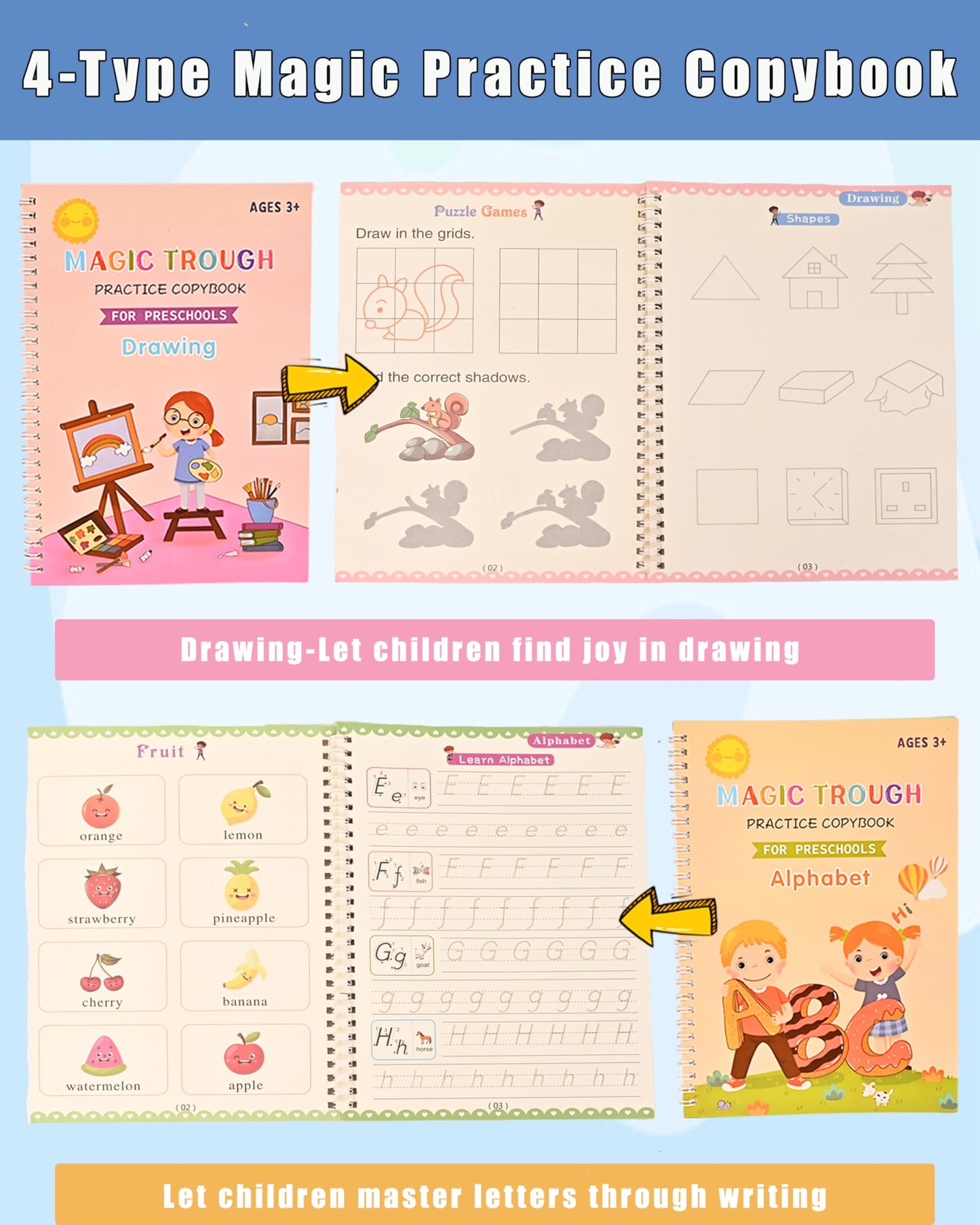 Magic Ink Practice Copybooks, Reusable Grooved Handwriting Practice for Kids Ages 3-7, Montessori Groove writing Preschool Workbook