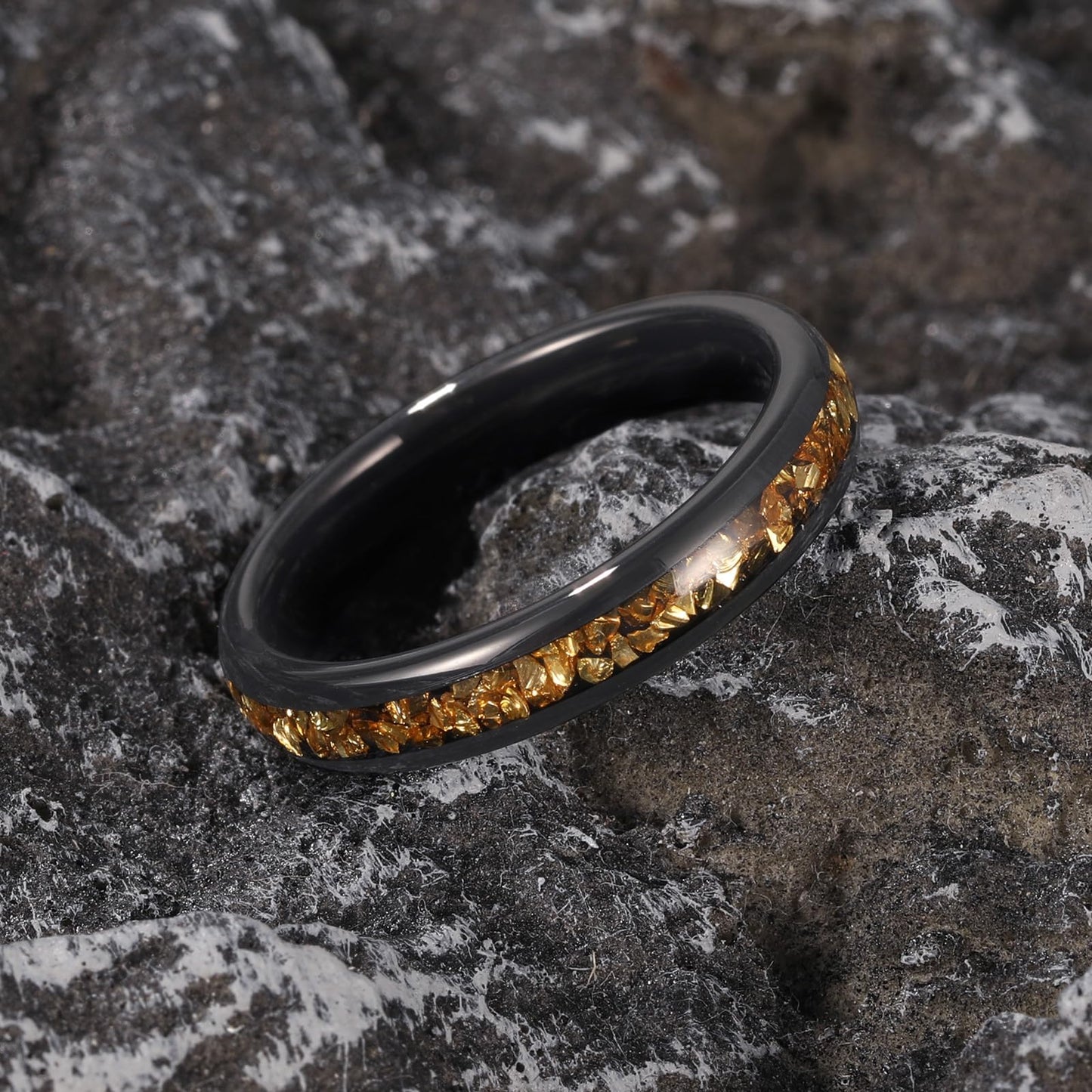 NUNCAD Women's Tungsten Rings 4mm Black Wedding Band Inlaid with Citrine Center Polished Domed Comfort Fit Size 7