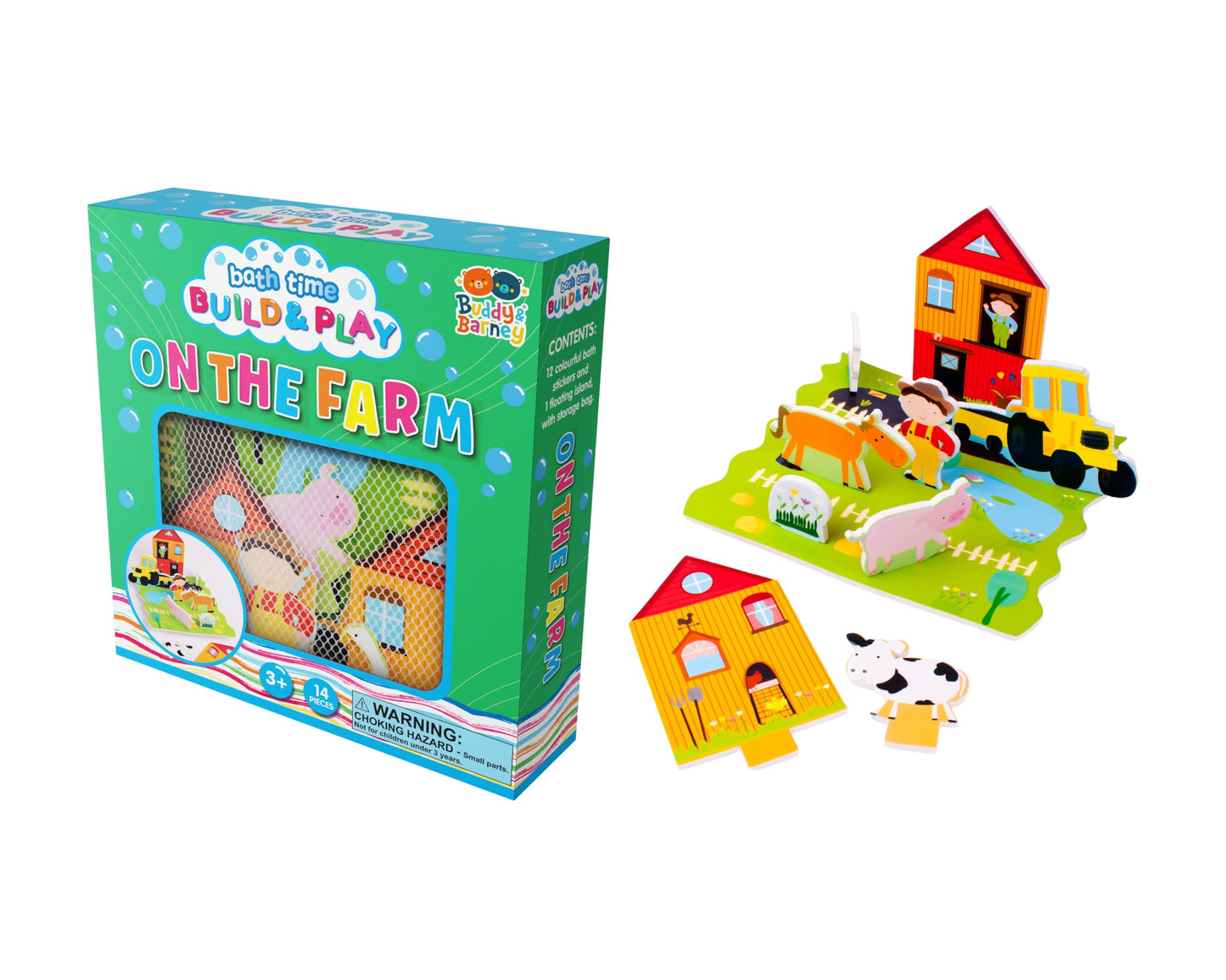 Buddy & Barney: Bath Time: Build & Play - On The Farm - Floating 3D Foam Stickers, Interactive Animal Scene, Suction Cup Mesh Bag, Water Toy, Kids 3+