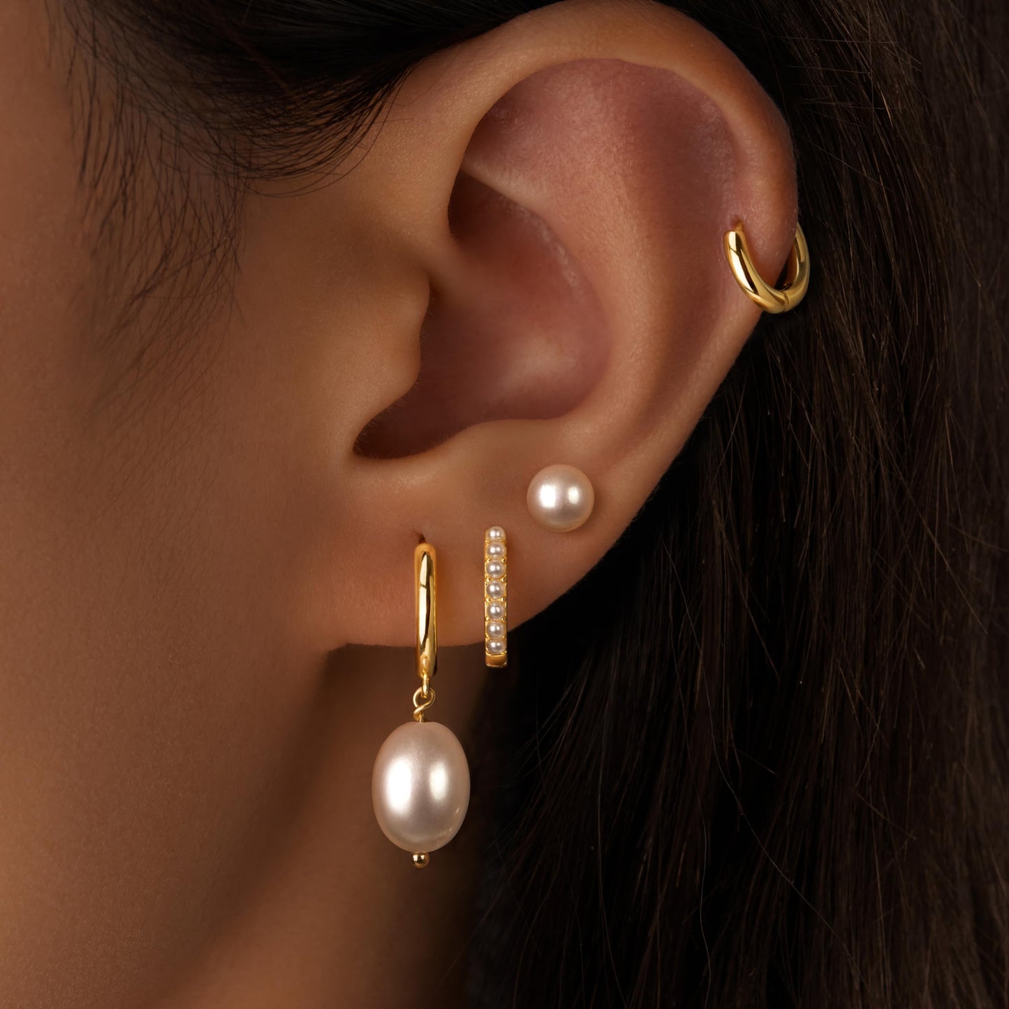 Gold Pearl Earrings for Women,Huggie Small Stack Cartilage Stud Hoop Earring Sets for Multiple Double Piercing, Conch Helix Rook Tragus Daith Piercing Gold Clip On Jewelry Set Gifts