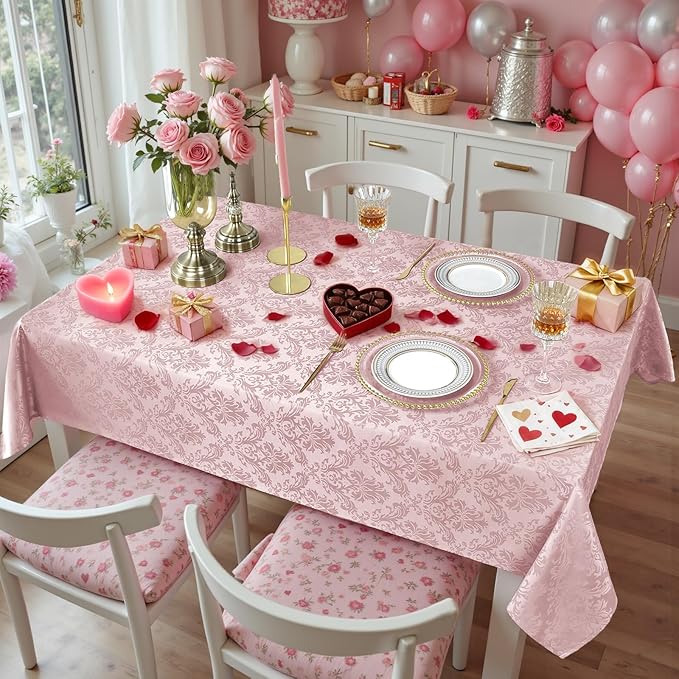 SASTYBALE Rectangle Tablecloth - 60 x 84 Inch Pink Tablecloths Damask Design Spillproof Wrinkle Resistant Valentines Tablecloth Polyester Oblong Table Cover for Kitchen Dinning Anniversary Party