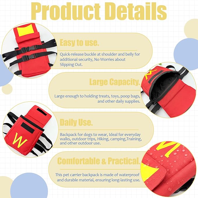 Colenumone Dog Backpack for Dog, Red Self Carrier Pet Pack with Pockets, Adjustable Hands-Free Travel Hiking Walking Vest, Cute W Superhero Design, Large Capacity