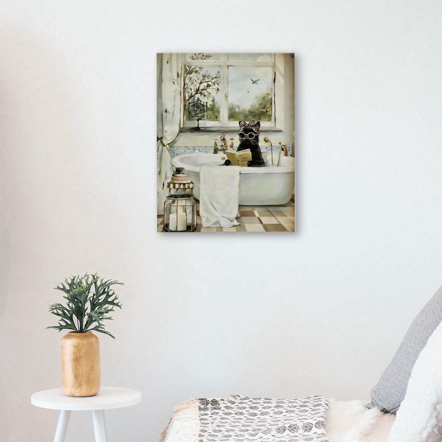 WODMIS Funny Black Cat Reading Bathroom Wall Decorations Framed Canvas Art, Black Cat Gifts, Whimsical Kitten Reading in Bathtub Decor Canvas Home Decorations for Bathroom Washroom Wall Decor 11x14