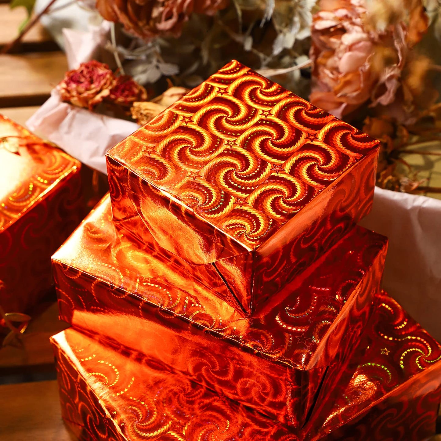 LeZakaa Fall Holographic Wrapping Paper Roll, Orange Gift Wrap with Swirl & Star Pattern Metallic Foil for Autumn, Thanksgiving, Birthday, Halloween, Wedding, Mini Roll 17 in x 32.8 ft